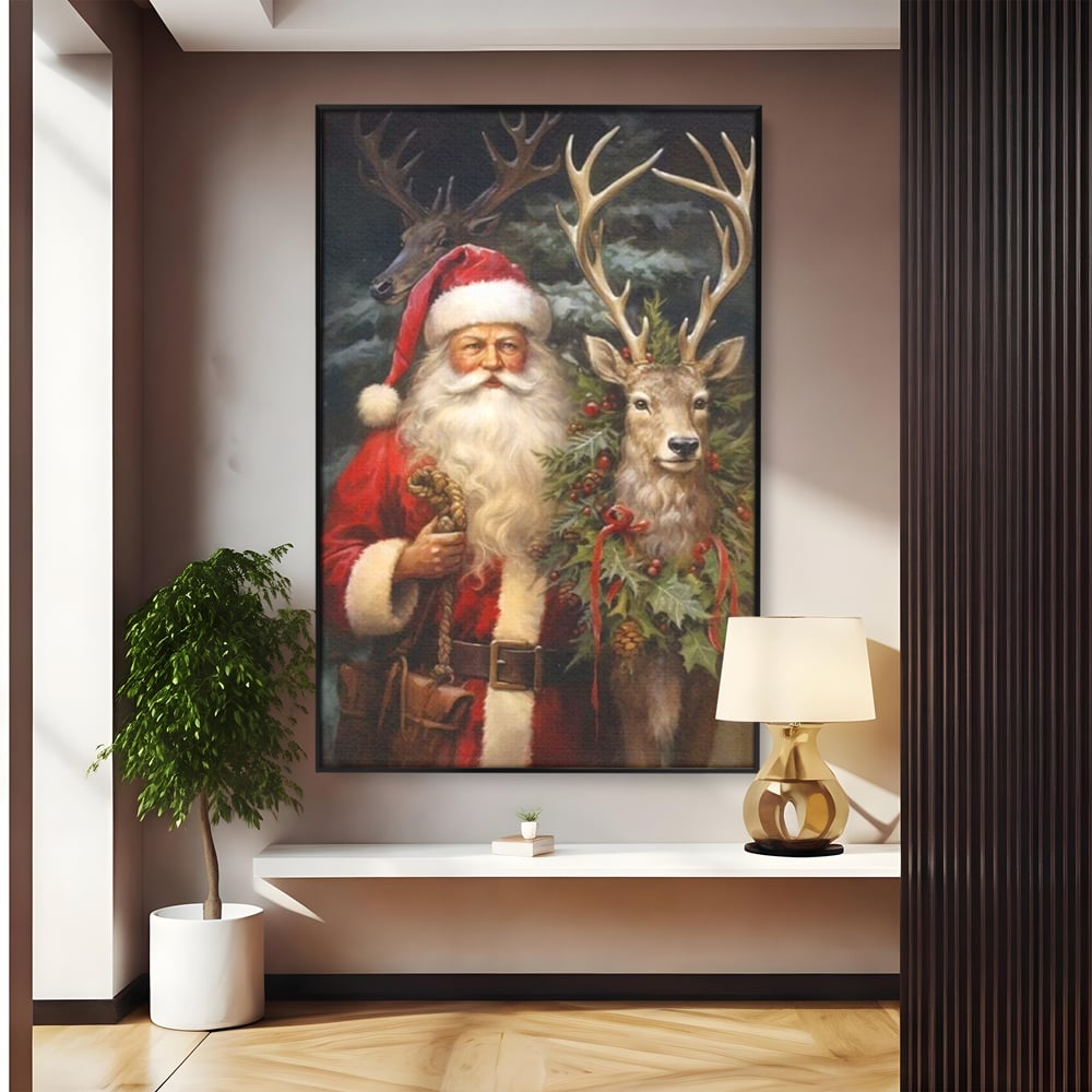Tablou canvas cu tablou canvas cu mos craciun si cerbi, in rama de aluminiu negru